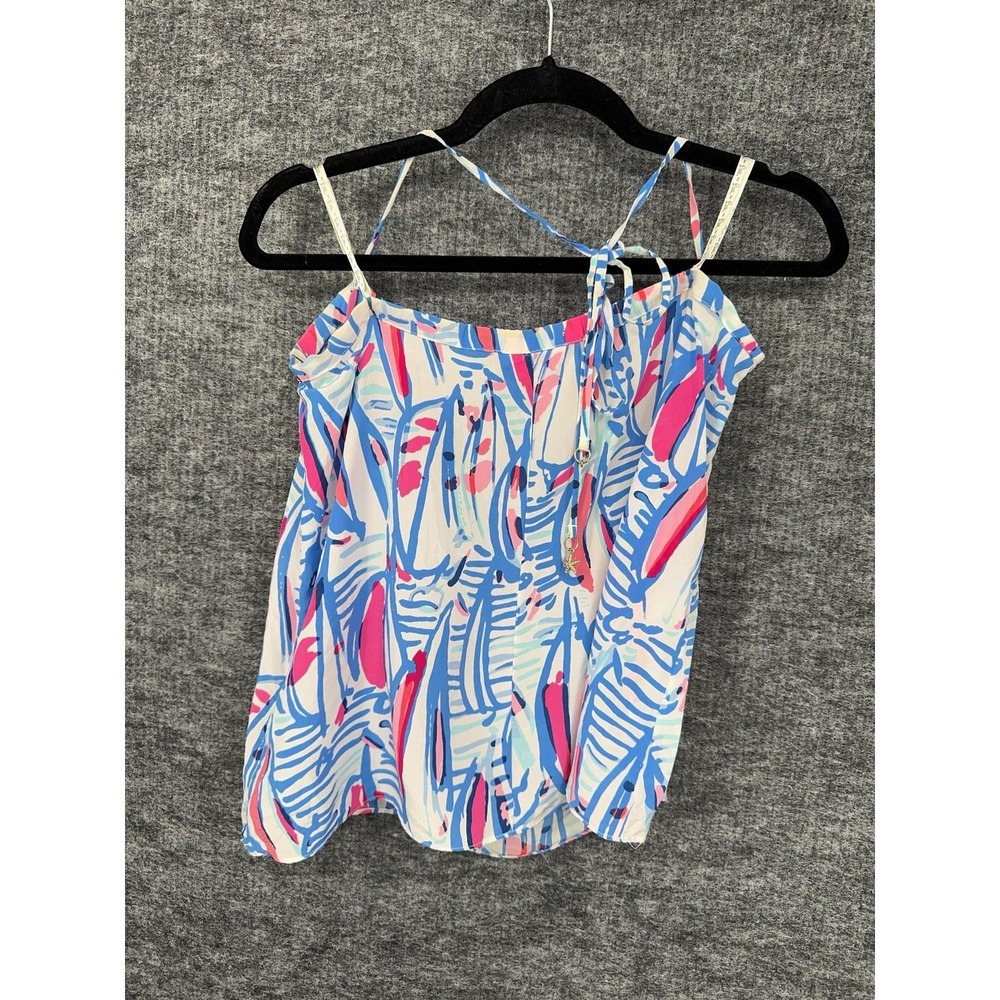 Lilly Pulitzer Top Womens S Blue Pink Halter Silk Square Neck Strappy Tropical - Picture 9 of 10